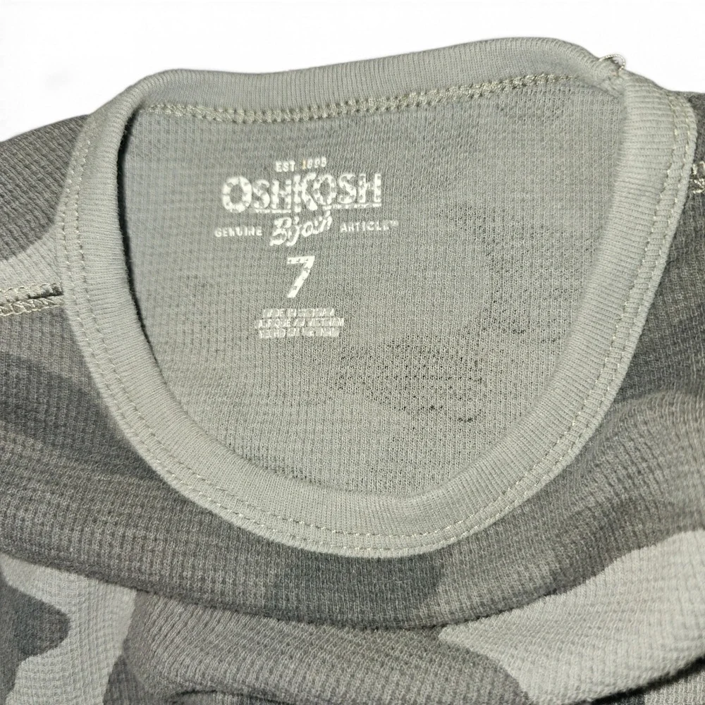 OshKosh B'gosh Thermal Shirt Boys Size 7 Grey Camo Good Long Sleeve Waffle Knit